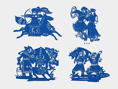 Traditional Blue Paper Cut Wall Decor With Cultural Figures And Animal Designs 3d model