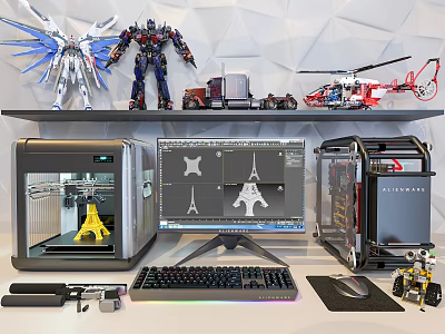 Advanced Tech Computer Setup With 3D Printer Monitor Keyboard Mouse And Case 3d model
