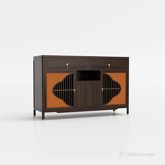 Dark Brown Entryway Console Cabinet Featuring Orange Fan Shaped Cutout Doors Drawers And Metal Handles 3d model 
