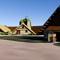 Ancient Village Scene With Thatched Roof Houses Circular Fence Trees Central Area And People