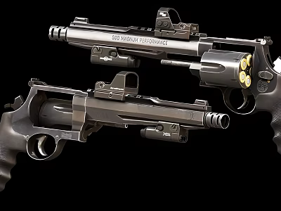 Detailed View Of Black 357 Magnum Revolvers With Cylinders And Tactical Attachments 3d model