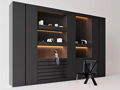 Modern Black Bookcase With Wooden Panels LED Lighting Drawers Display Shelves And Accent Chair 3d model