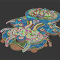 Playful Cartoon Scene Featuring Blue Water Round Islands Green Grass And Decorative Structures