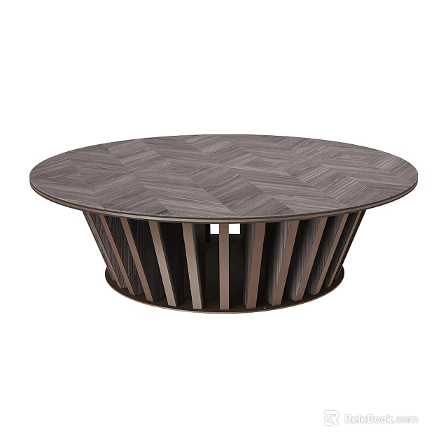 Modern Round Coffee Table Featuring Herringbone Wood Grain Top And Striped Base 3d model 