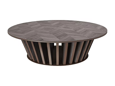 Modern Round Coffee Table Featuring Herringbone Wood Grain Top And Striped Base 3d model