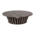 Modern Round Coffee Table Featuring Herringbone Wood Grain Top And Striped Base 3d model