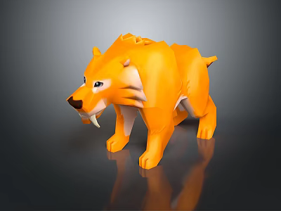 Realistic Orange Sabertooth Tiger 3D Model With Long Fangs Standing On Black Background With Reflection 3d model