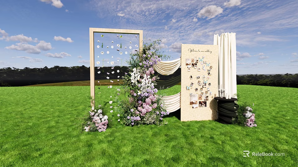 Outdoor Floral Decor With Wooden Frame Purple White Flowers Green Lawn And Guest Gallery Board 3d model 