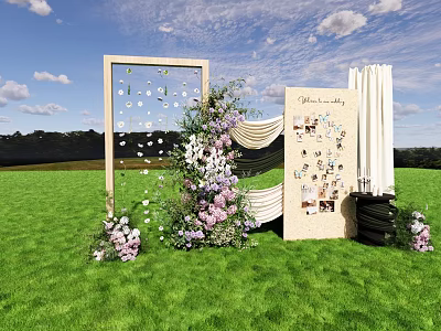 Outdoor Floral Decor With Wooden Frame Purple White Flowers Green Lawn And Guest Gallery Board 3d model