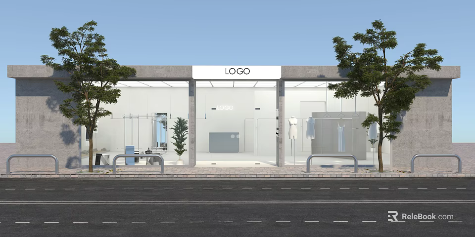 Modern Clothing Store With Glass Facade Logo Sign Display Racks And Outdoor Trees 3d model 