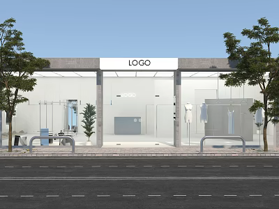 Modern Clothing Store With Glass Facade Logo Sign Display Racks And Outdoor Trees 3d model