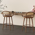 Wooden Tea Table and Rattan Back Chairs Light Wall Branch Teapot Cups Red Pattern Vase