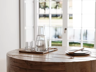 Minimalist Decorative Ornament Set with Glass Carafe Cups Tray and Plate on Wooden Table 3d model