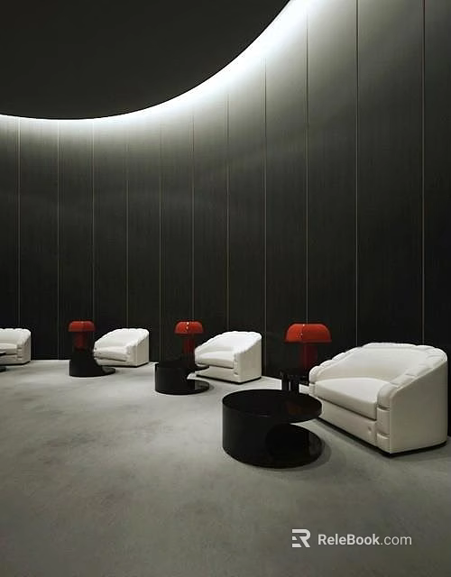 White Armchairs With Black Round Tables And Red Lamps In Dark Wall Gray Floor Room 3d model 
