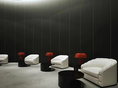 White Armchairs With Black Round Tables And Red Lamps In Dark Wall Gray Floor Room 3d model