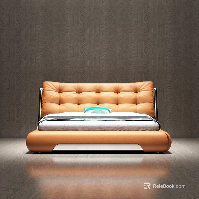 Modern Double Bed With Orange Leather Quilted Headboard And Dark Wood Wall 3d model 
