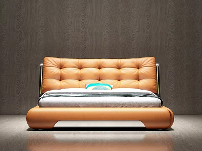 Modern Double Bed With Orange Leather Quilted Headboard And Dark Wood Wall 3d model
