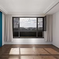 Open Black Frame Casement Window With Mountain View Blue Sky And Light Curtains