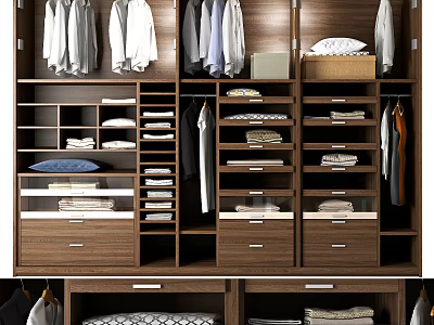 Modern Wooden Wardrobe Interior With Hanging Shirts Jackets Folded Clothes Drawers and Shelves 3d model