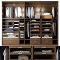 Modern Wooden Wardrobe Interior With Hanging Shirts Jackets Folded Clothes Drawers and Shelves