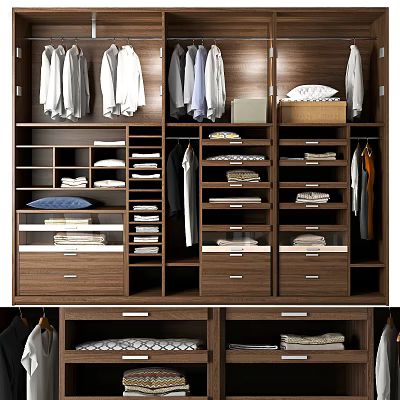 Modern Wooden Wardrobe Interior With Hanging Shirts Jackets Folded Clothes Drawers and Shelves 3d model