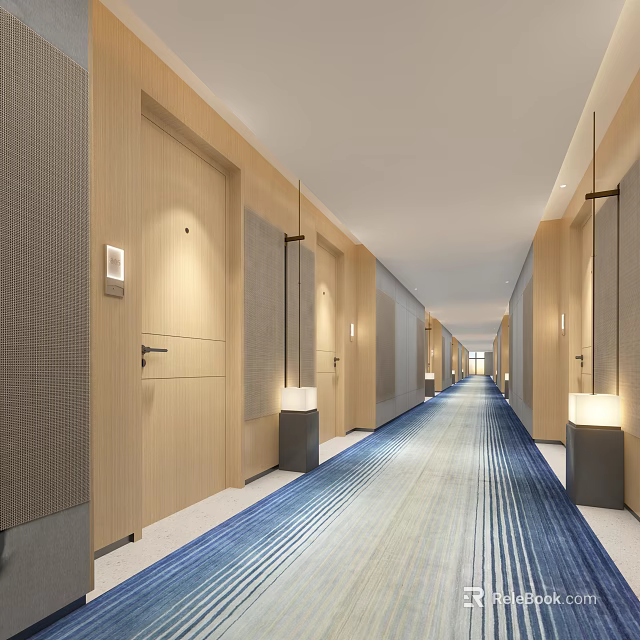 Modern Hotel Corridor With Wooden Doors Blue Striped Carpet Recessed Lights And Long Pendant Lights 3d model 