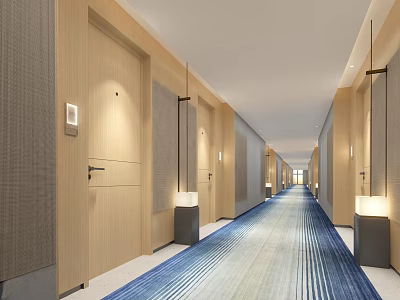 Modern Hotel Corridor With Wooden Doors Blue Striped Carpet Recessed Lights And Long Pendant Lights 3d model
