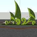 Circular Colorful Flower Bed And Planters With Green Sail Shaped Sculptures In Lawn Garden