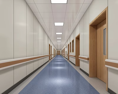 Hospital Outpatient Corridor With Wooden Doors Ceiling Lights And Handrails 3d model