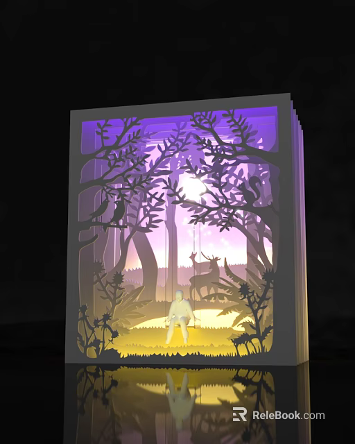 3D Paper Cut Forest Scene Lamp With Trees Moon Deer And Cozy Night Light 3d model 