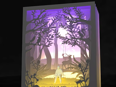3D Paper Cut Forest Scene Lamp With Trees Moon Deer And Cozy Night Light 3d model