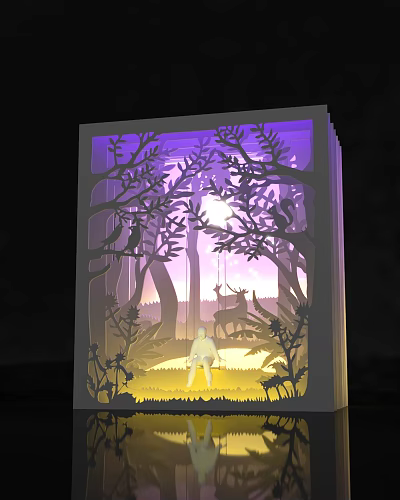 3D Paper Cut Forest Scene Lamp With Trees Moon Deer And Cozy Night Light 3d model