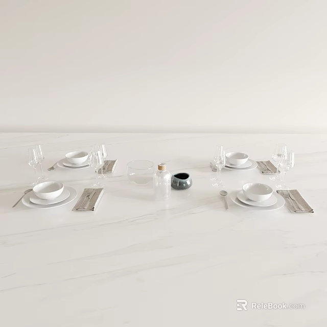 Elegant Dinnerware Set With White Bowls Plates Glass Cups Cutlery Napkins On White Marble Tabletop 3d model 