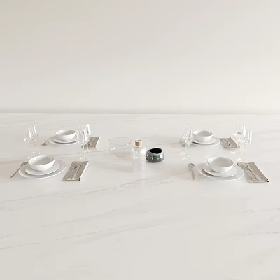 Elegant Dinnerware Set With White Bowls Plates Glass Cups Cutlery Napkins On White Marble Tabletop 3d model