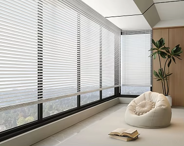 Venetian blinds, floor-to-ceiling windows, balcony, lazy sofa, green plants, potted plants 3d model