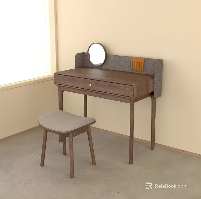 Wooden Dressing Table With Round Mirror Padded Backrest And Matching Stool By Window 3d model