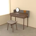 Wooden Dressing Table With Round Mirror Padded Backrest And Matching Stool By Window 3d model
