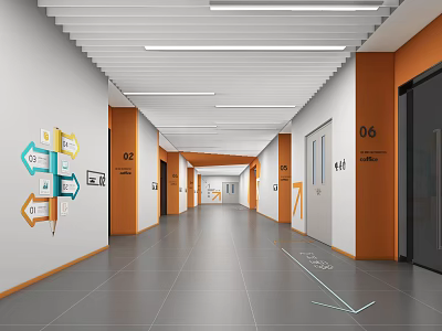Modern Office Corridor Interior Design With Orange Columns White Walls And Strip Lights 3d model