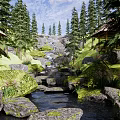 Natural Park Landscape Featuring Thatched Pavilion Pine Trees Waterfall Stream And Mossy Rocks