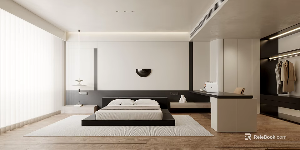 Modern Bedroom Interior Design With Platform Bed White Bedding Area Rug And Wall Decor 3d model 