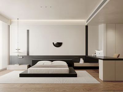 Modern Bedroom Interior Design With Platform Bed White Bedding Area Rug And Wall Decor 3d model