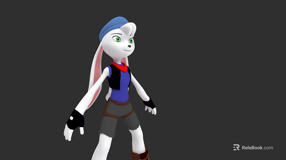Cartoon Rabbit Character With White Body Blue Hat Green Eyes And Red Scarf 3d model 