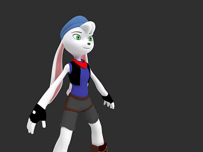 Cartoon Rabbit Character With White Body Blue Hat Green Eyes And Red Scarf 3d model
