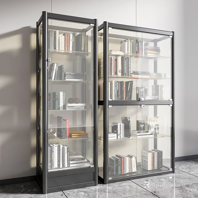 Modern Glass Door Bookcase With Books Decorative Items And Organized Shelves 3d model 