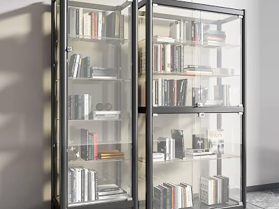 Modern Glass Door Bookcase With Books Decorative Items And Organized Shelves 3d model