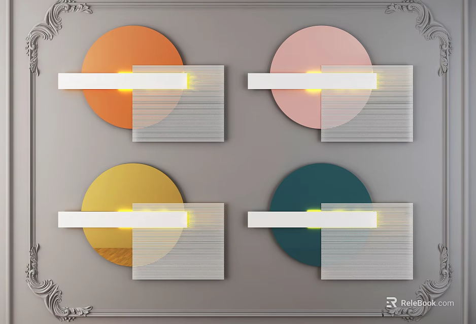 Colorful Circular Wall Decor With White Rectangular Elements And Ornate Frame 3d model