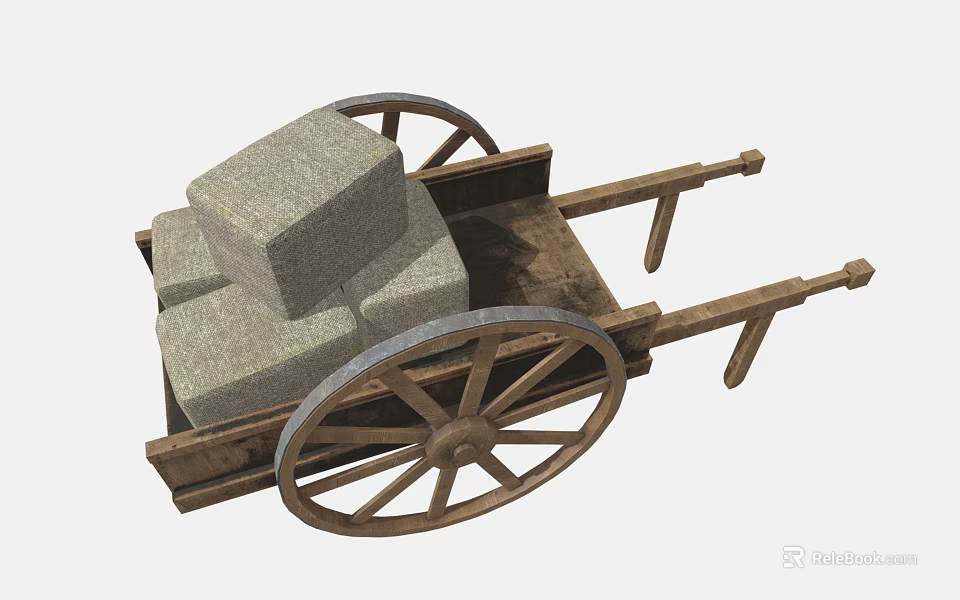 Traditional Wooden Cart With Stacked Stones And Large Wooden Wheels Design 3d model 