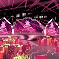 Elegant Pink Event Stage Setup With Decorative Trees Tables And Chairs 3d model