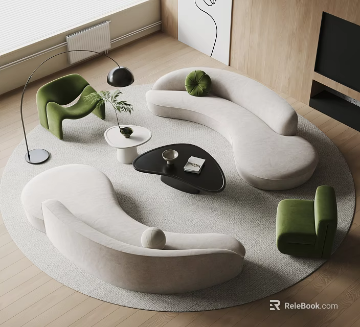 Modern Curved Sofa and Coffee Table Combination With Green Chairs Round Rug and Minimalist Interior 3d model 