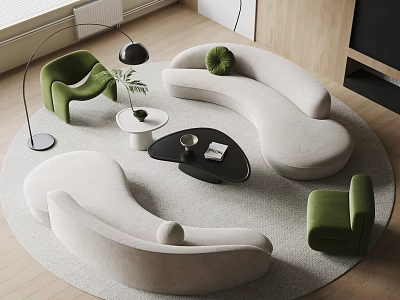 Modern Curved Sofa and Coffee Table Combination With Green Chairs Round Rug and Minimalist Interior 3d model